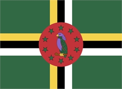 [ai] Flag of Dominica featuring a green background with a red circle in the center. Inside the circle is a purple parrot, surrounded by ten green stars. Horizontal black and yellow cross patterns extend across the flag.